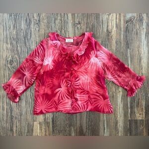 New York City Design Tropical Blouse Ruffles Pink Red White Built-in Tank No Sz